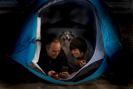 camping alternative vacation lifestyle with middle aged couple with border collie dog inside a tent by night. Both drink tea or coffee and check the mobile phone to stay connected.の写真素材