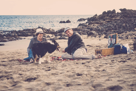 nice beautiful couple of male and female do a pic nic on the beach near thw wave with a dog border collie. love and friendship concept in summer vacation in tenerife. vintage retro colors and scenic placeの写真素材