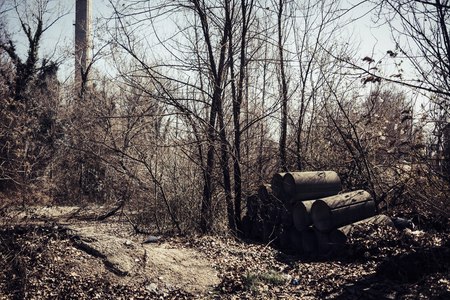 nobody in abandoned place in town. retro dark horror filter and concept. zombie movie style for scary scene.の写真素材