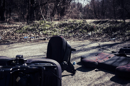 nobody in abandoned place in town. retro dark horror filter and concept. zombie movie style for scary scene.の写真素材