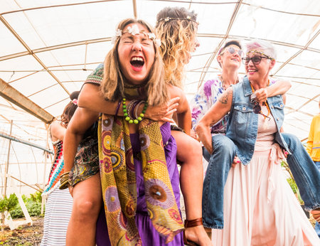 girls going crazy in party celebrating with hippies clothes and freedom algernative rebel concept....