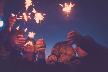 celebration party for holiday night or new year eve 2019. group of aged men and women people with...