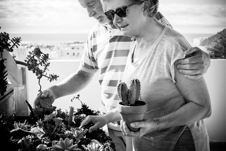 senior couple take care of their gardenの写真素材