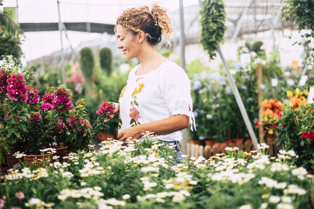 The young woman in a greenhouse with many seedlings admires the growth of white flowers like daisies. Concept of care and passion for nature. Shopping and business nature related and easy people lifestyleの写真素材