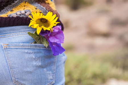 Yellow beautiful sun flower on the back pocket of old casual skinny jeans - colours and hippy freedom love concept with human and natureの写真素材