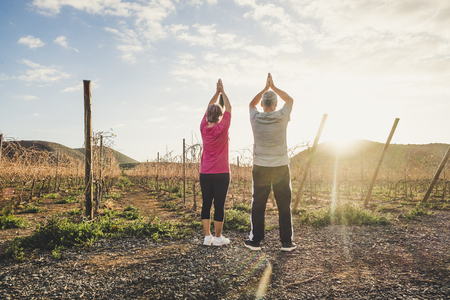 Standing yoga exercise with old senior couple looking at the sunset doing sport fitness activity to stay healthy - nature and outdoor enjoyment lifestyle for mature people - colors and scenic landscapeの写真素材