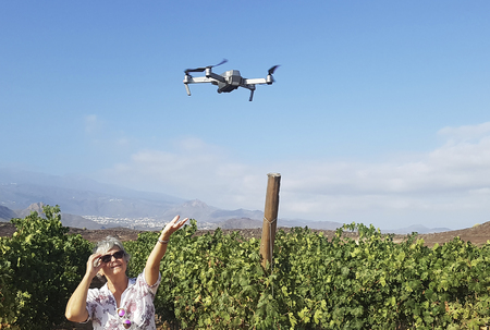 Adult lady look and pilot a modern drone outdoor in the vineyard - aged people with modern technlogy play and enjoyの写真素材