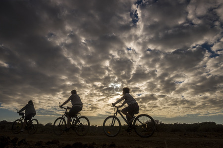 Group of people riding mountain bike during a beautiful dark cloudy sunset - outdoor nature sport activity together for healhty lifestyle - three bikers in silhouette - warm filterの写真素材