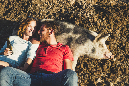 Diversity animal love pet therapy concept with young beautiful couple of young peope lay down on a nice cheerful pig sleeping on the ground in a sunny day - alternative lifestyle with nature ruralの写真素材