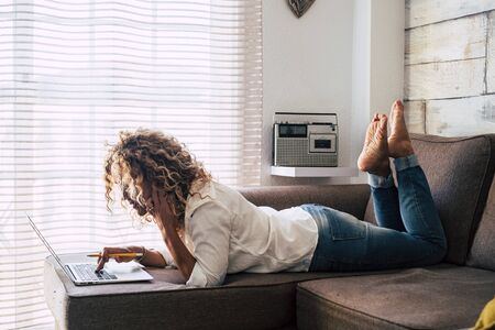adult female people at home working and doing progress about her future on the workplace workplaceの写真素材