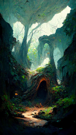 Forest Landscape Cave Abstract Dyed Background Game 3D Illustrationの写真素材