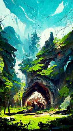 Forest Landscape Cave Abstract Dyed Background Game 3D Illustrationの写真素材