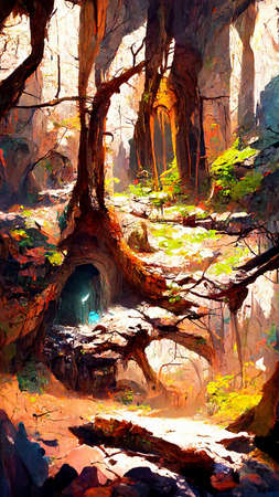 Forest Landscape Cave Abstract Dyed Background Game 3D Illustrationの写真素材