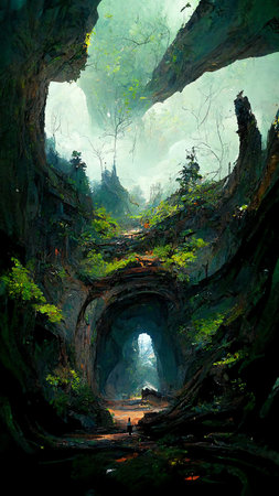 Forest Landscape Cave Abstract Dyed Background Game 3D Illustration