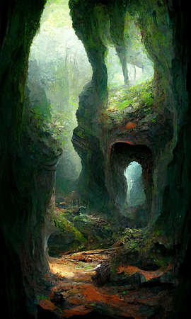 Forest Landscape Cave Abstract Dyed Background Game 3D Illustrationの写真素材