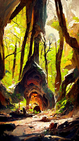 Forest Landscape Cave Abstract Dyed Background Game 3D Illustrationの写真素材