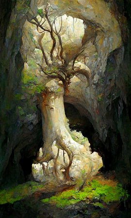 Forest Landscape Cave Abstract Dyed Background Game 3D Illustrationの写真素材