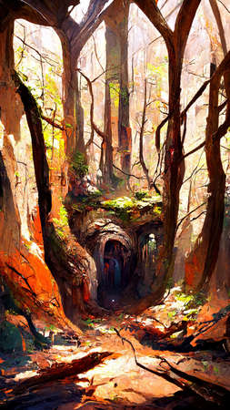 Forest Landscape Cave Abstract Dyed Background Game 3D Illustrationの写真素材