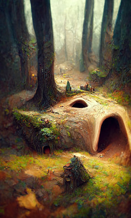 Forest Landscape Cave Abstract Dyed Background Game 3D Illustrationの写真素材