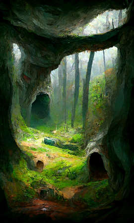 Forest Landscape Cave Abstract Dyed Background Game 3D Illustrationの写真素材