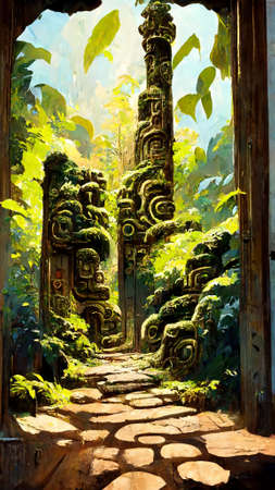 forest Mayan style door backgroundの写真素材