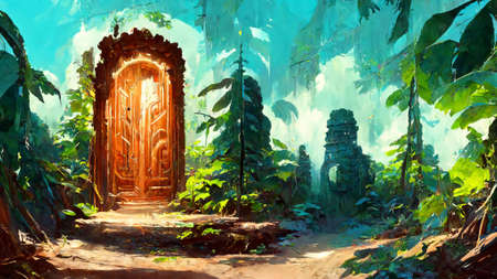 forest Mayan style door backgroundの写真素材