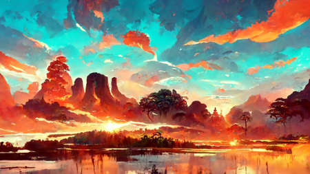 forest Mayan style tree Sunsetの写真素材