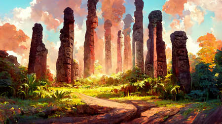 forest Mayan style stone pillarの写真素材