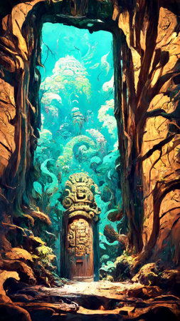 Mayan style forest door under the sea