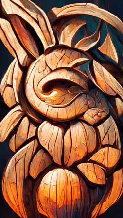 Mid-autumn festival full moon rabbit abstract wood carvingの写真素材