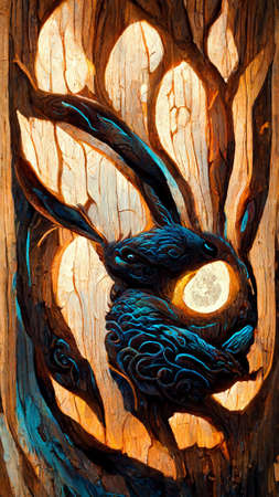 Mid-autumn festival full moon rabbit abstract wood carvingの写真素材