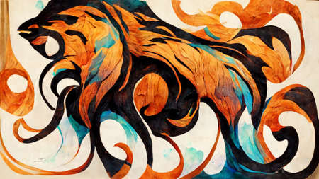 Beautiful Abstract lion wood paintingの写真素材