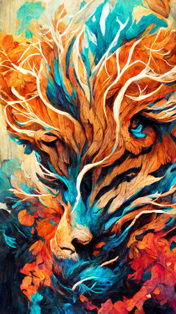 Beautiful Abstract lion wood paintingの写真素材