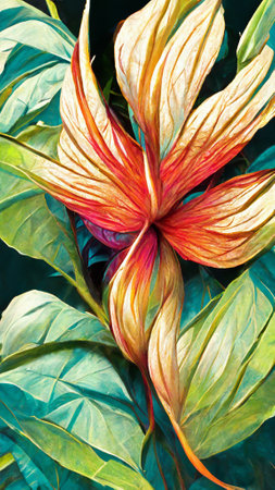 colorful flower on dark tropical foliage nature backgroundの写真素材