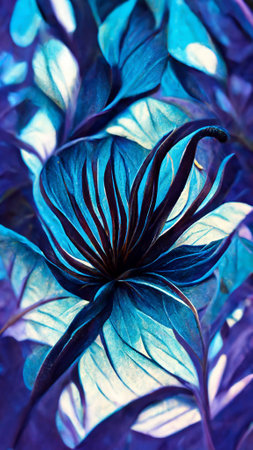 blue colorful flower on dark tropical foliage nature backgroundの写真素材
