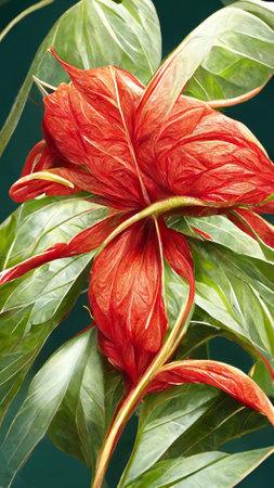 red colorful flower on dark tropical foliage nature backgroundの写真素材