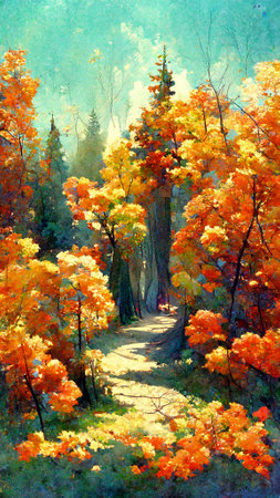 autumn forest in the sunny morningの写真素材