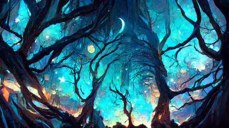 forest in the night starry skyの写真素材