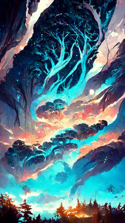 forest in the night skyの写真素材