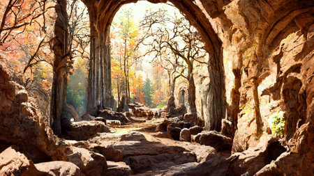 Medieval style and features forest scene caveの写真素材