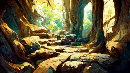 Scene inside the cave with the forest outsideの写真素材