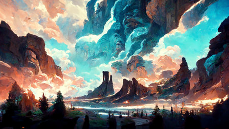 The scene inside the cave the exit is a forest and skyの写真素材