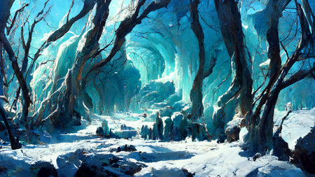 Frozen ice and snow forest sceneの写真素材