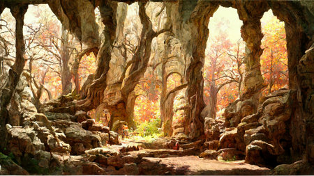 Medieval style and features forest scene caveの写真素材