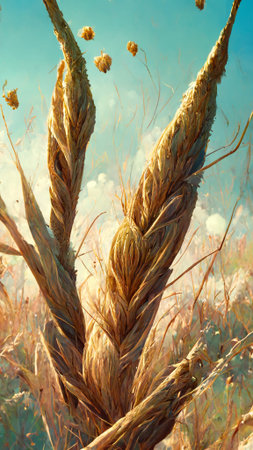 Ripe wheat ears with long fuzzy beards growing in a field