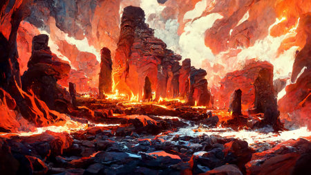 Medieval style and features lava fire cave