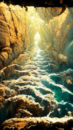 Exit of a cave underwater with natural sunbeams Mediterranean