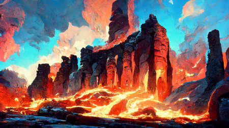 Medieval style and features lava fire caveの写真素材