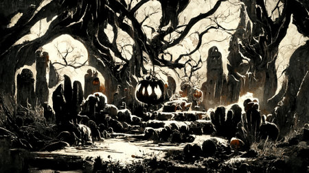 Mayan style halloween theme pumpkins ghosts in the dark nightの写真素材