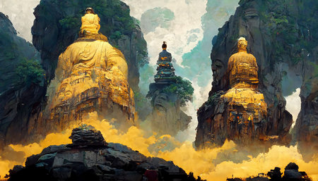 Big Buddha mural on the rock wallの写真素材
